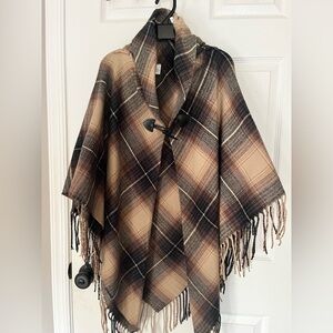 Plaid Fringe Poncho Cape Toggle Closure - One Size